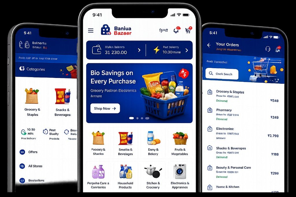 Baniya Bazaar app — shop groceries, track orders, and browse categories on mobile